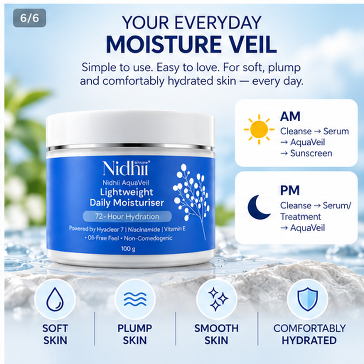 AquaVeil Lightweight Daily Moisturiser with HyaClear® 7, Niacinamide & Vitamin E | 72-Hour Hydration | 100g