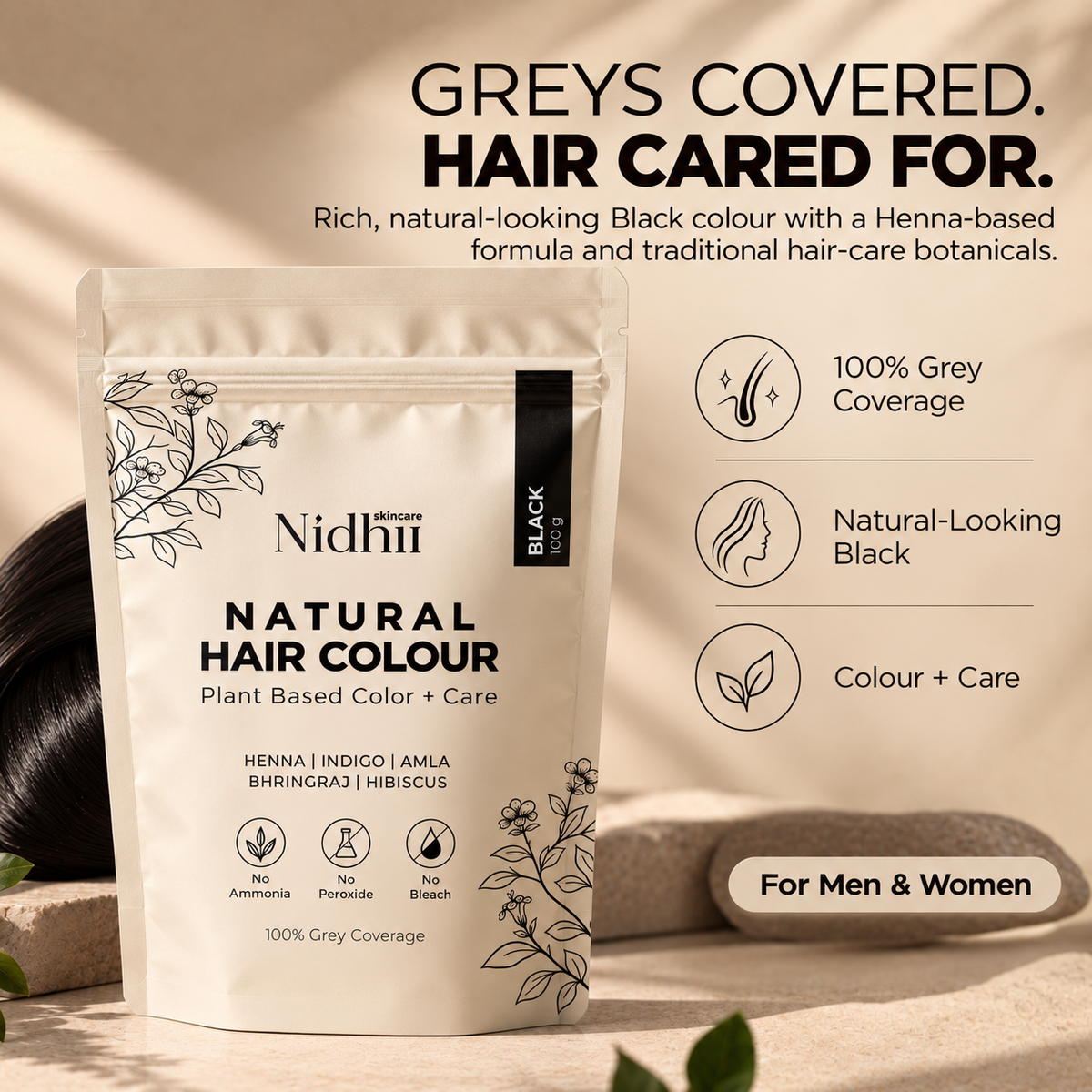 Natural Black Hair Colour for 100% Grey Coverage | Henna, Indigo, Amla, Bhringraj & Hibiscus | 100g