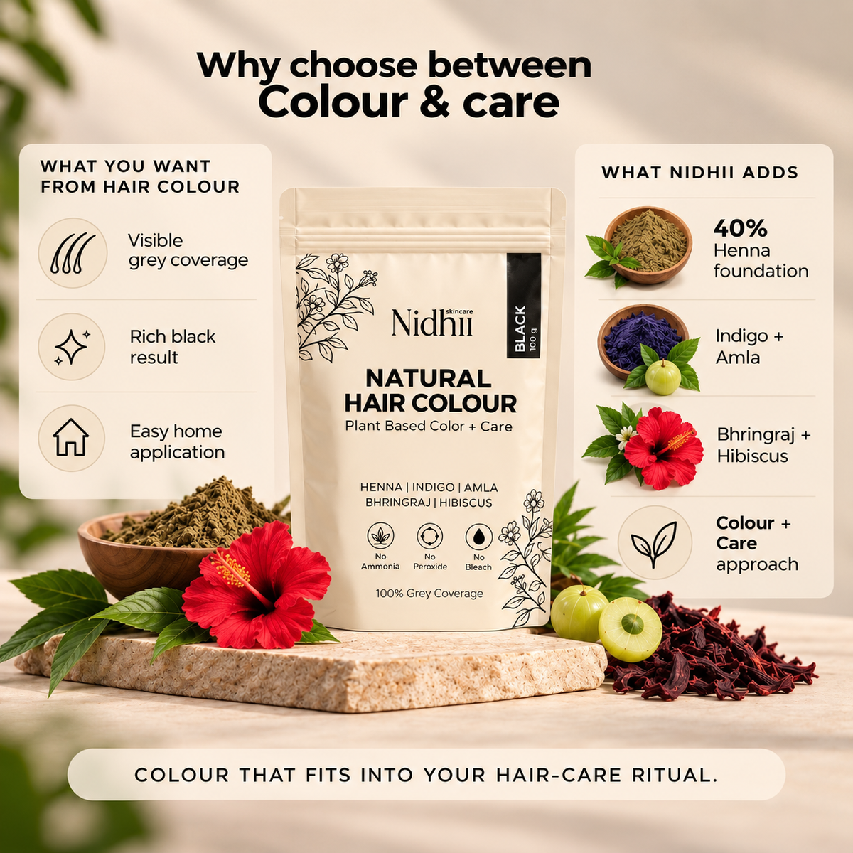 Natural Black Hair Colour for 100% Grey Coverage | Henna, Indigo, Amla, Bhringraj & Hibiscus | 100g