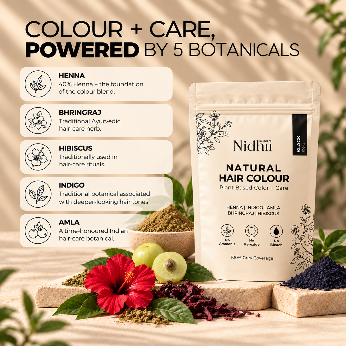 Natural Black Hair Colour for 100% Grey Coverage | Henna, Indigo, Amla, Bhringraj & Hibiscus | 100g