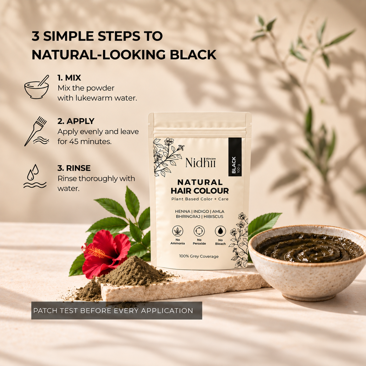 Natural Black Hair Colour for 100% Grey Coverage | Henna, Indigo, Amla, Bhringraj & Hibiscus | 100g