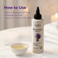 For Hair  Mix a few drops of rosemary oil with a carrier oil such as coconut, almond, or castor oil.  Massage gently into the scalp.  Leave on for 30–60 minutes or overnight, then wash off.  For Skin  Always dilute with a carrier oil before applying to the skin.  Do not apply directly.