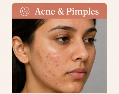 A close-up of a woman's face showing acne and pimples on her cheek, with a banner at the top reading 'Acne & Pimples' on a light beige background.