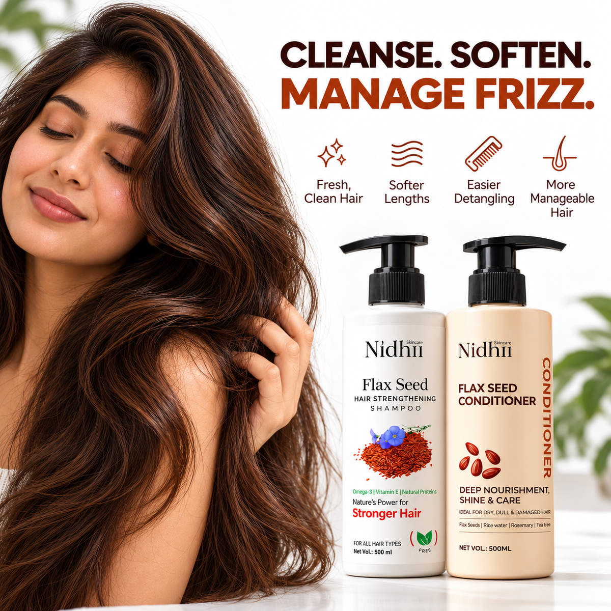 Flax Seed Hair Strengthening Shampoo 500ml + Conditioner 500ml Combo | Hair Fall Control & Damage Repair | For All Hair Types