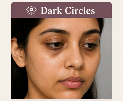 An informational beauty graphic titled 'Dark Circles' showing a close-up of a woman's face with dark circles under her eyes, plus a list of characteristics and treatment needs on a light beige background.
