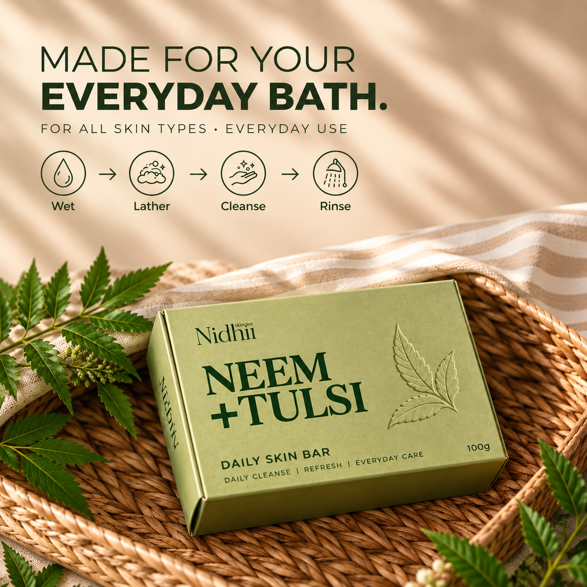 Neem + Tulsi Daily Skin Bar | Everyday Cleansing for Fresh, Clean Skin | 100g