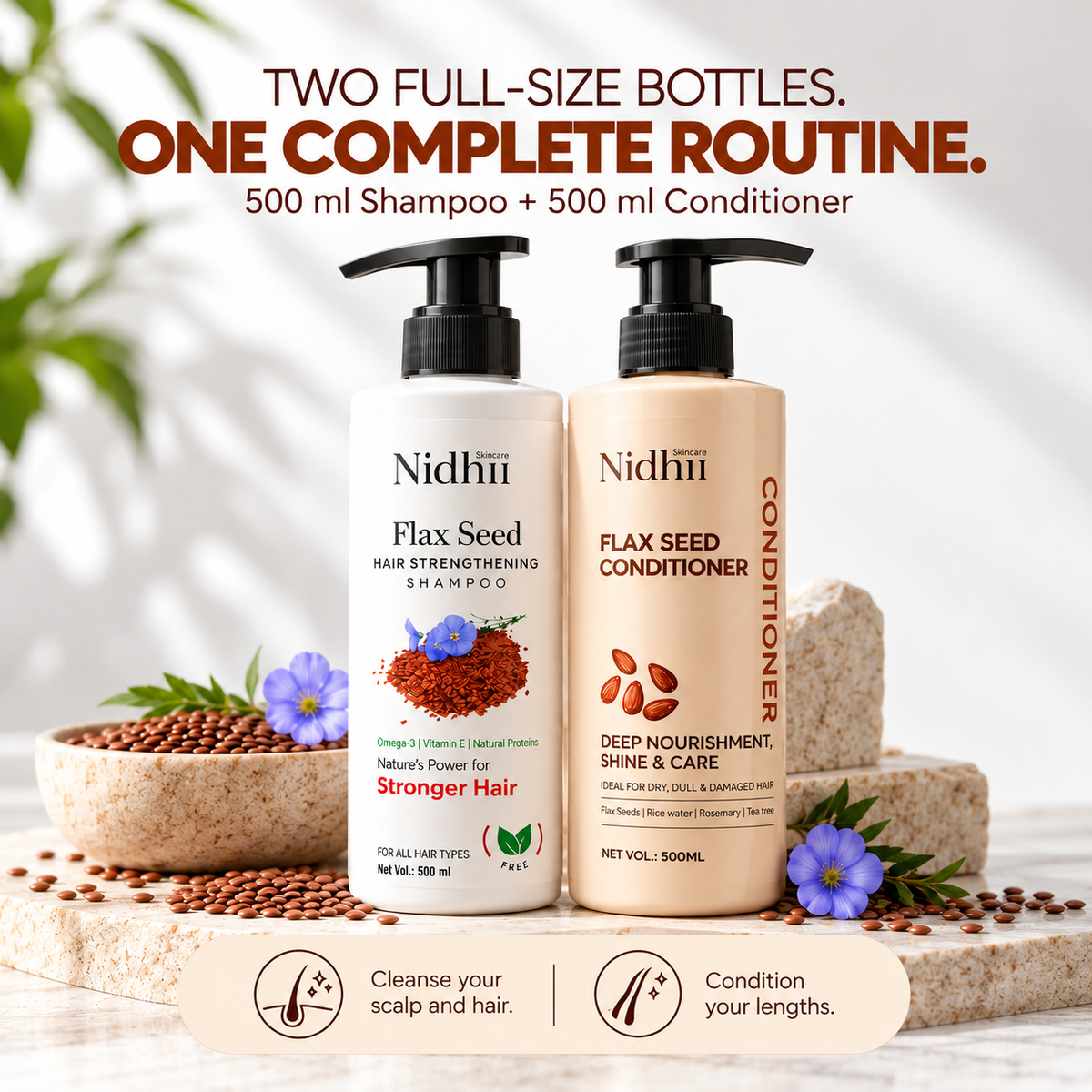 Flax Seed Hair Strengthening Shampoo 500ml + Conditioner 500ml Combo | Hair Fall Control & Damage Repair | For All Hair Types