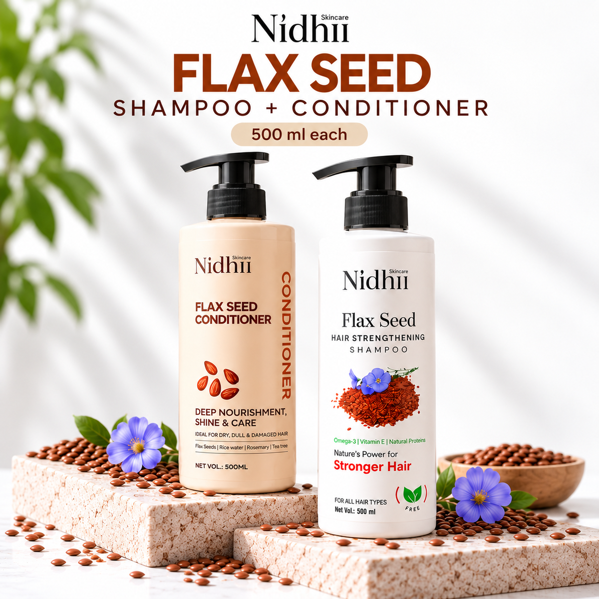 Flax Seed Hair Strengthening Shampoo 500ml + Conditioner 500ml Combo | Hair Fall Control & Damage Repair | For All Hair Types