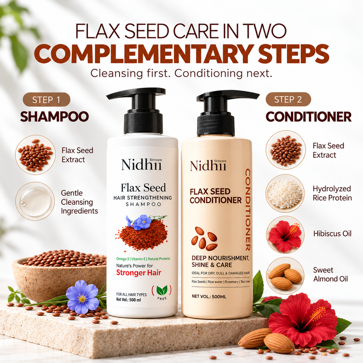 Flax Seed Hair Strengthening Shampoo 500ml + Conditioner 500ml Combo | Hair Fall Control & Damage Repair | For All Hair Types