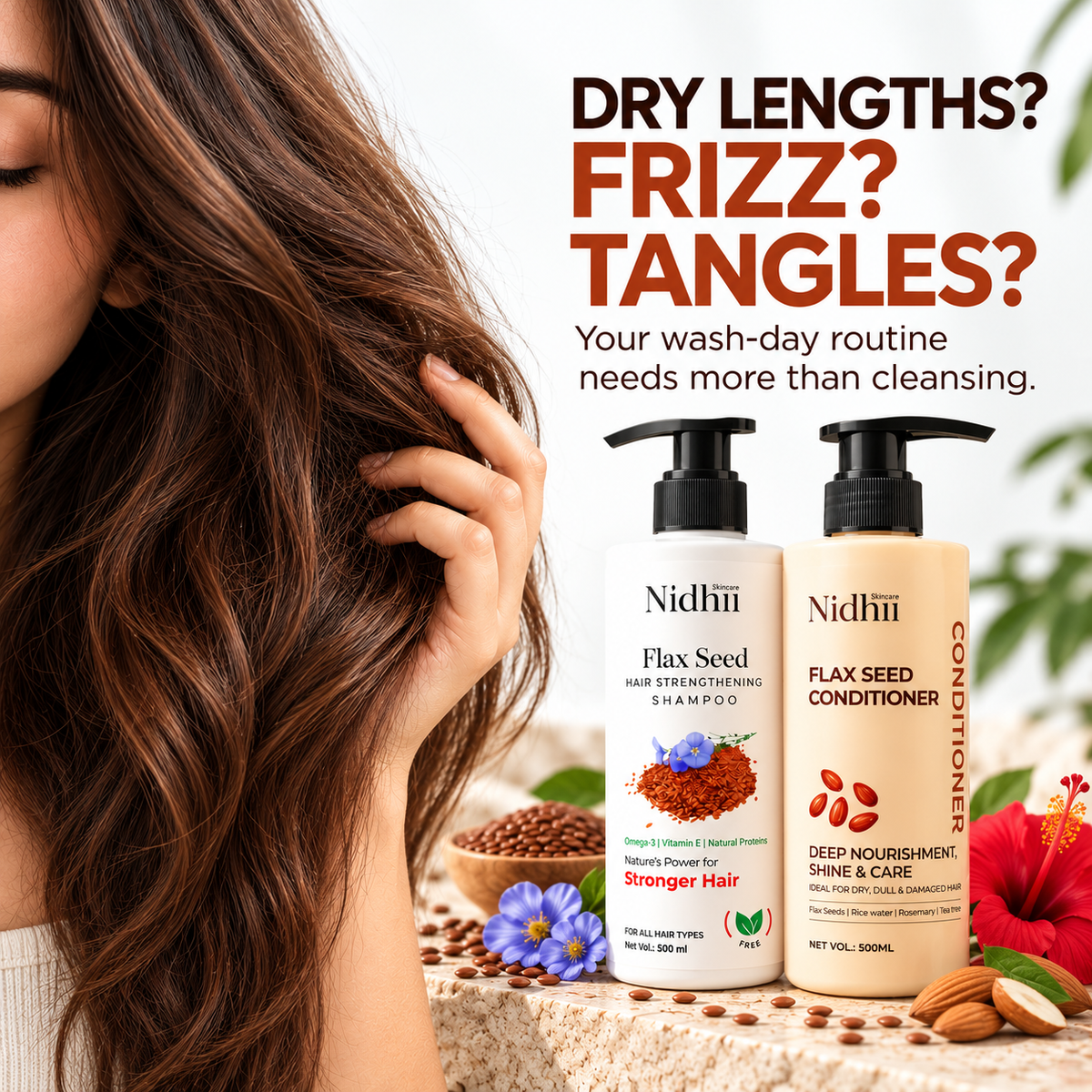 Flax Seed Hair Strengthening Shampoo 500ml + Conditioner 500ml Combo | Hair Fall Control & Damage Repair | For All Hair Types