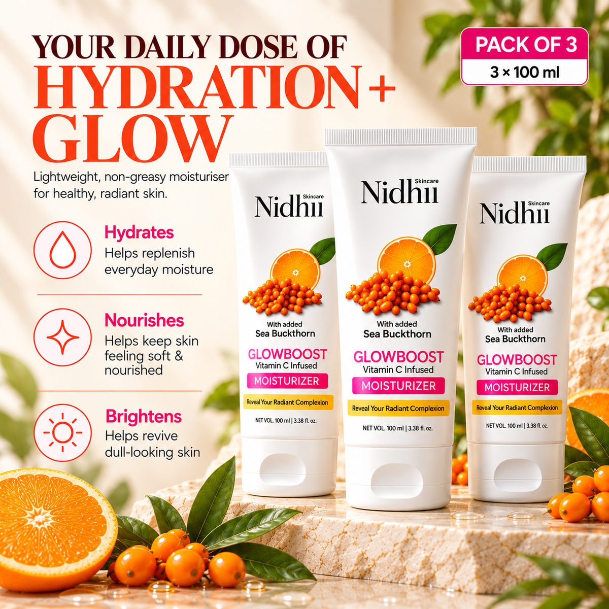GlowBoost Vitamin C Moisturizer – Pack of 3 (3X100gm) | Hydrating & Brightening