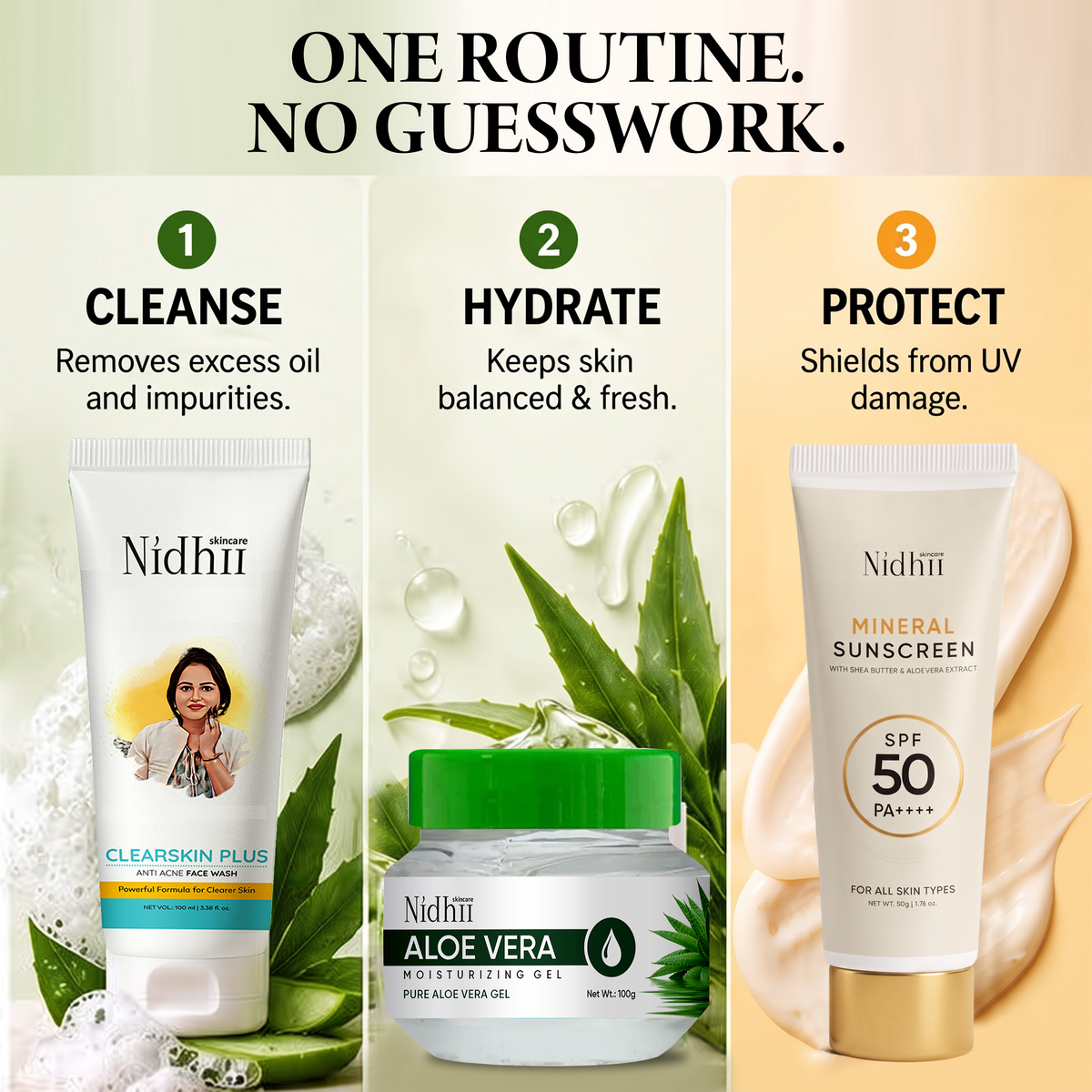 Anti-Acne Skincare Routine Bundle | Face Wash + Aloe Vera Gel + Mineral Sunscreen SPF 50PA++++ Sunscreen