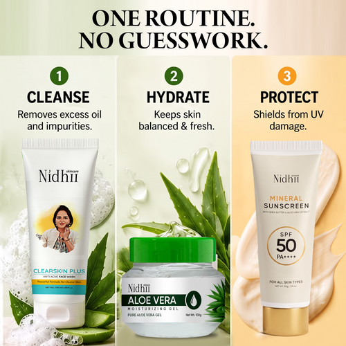 Anti-Acne Skincare Routine Bundle | Face Wash + Aloe Vera Gel + Mineral Sunscreen SPF 50PA++++ Sunscreen