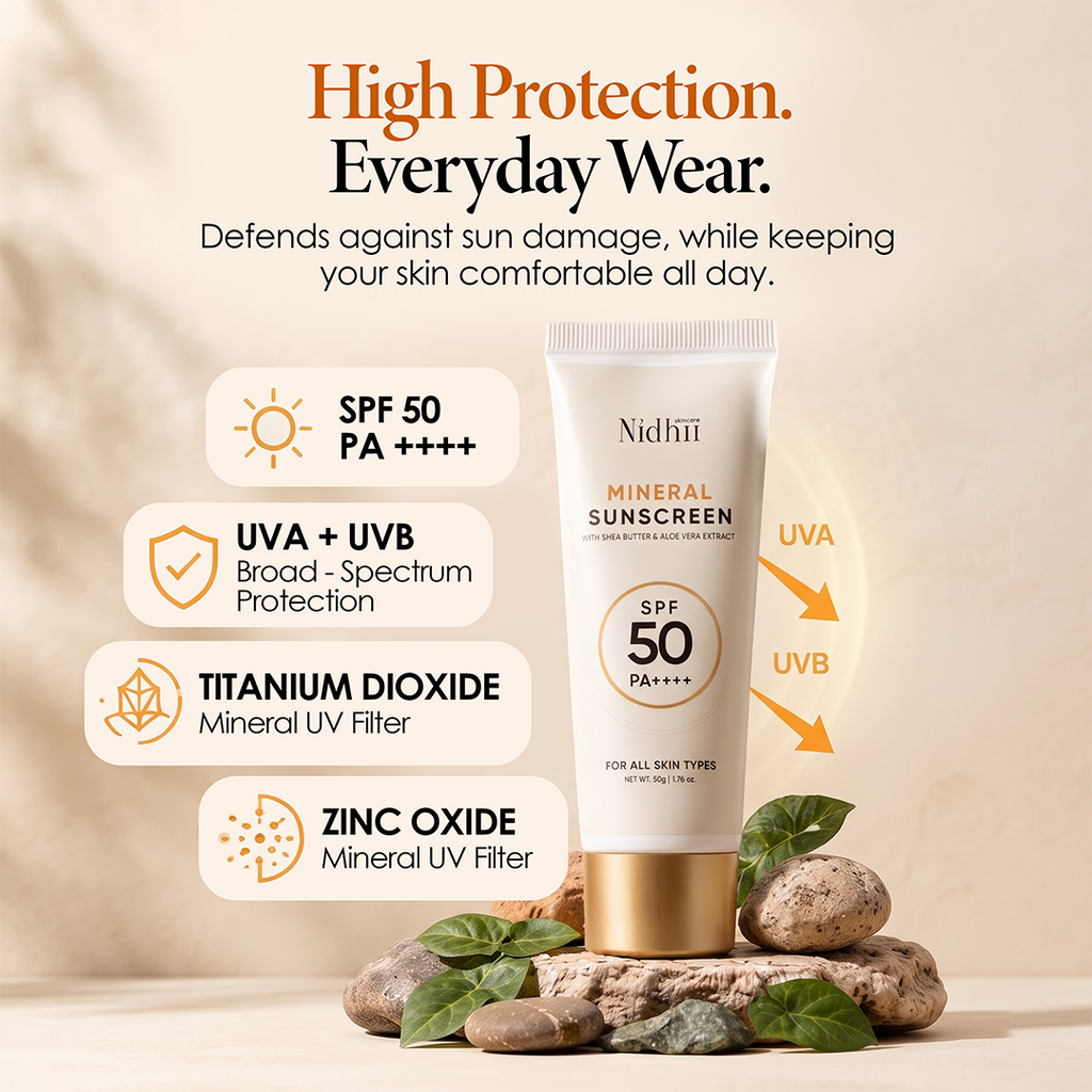 100% Mineral Sunscreen SPF 50 PA++++ | With Zinc Oxide, Titanium Dioxide & Aloe Vera (50ml)