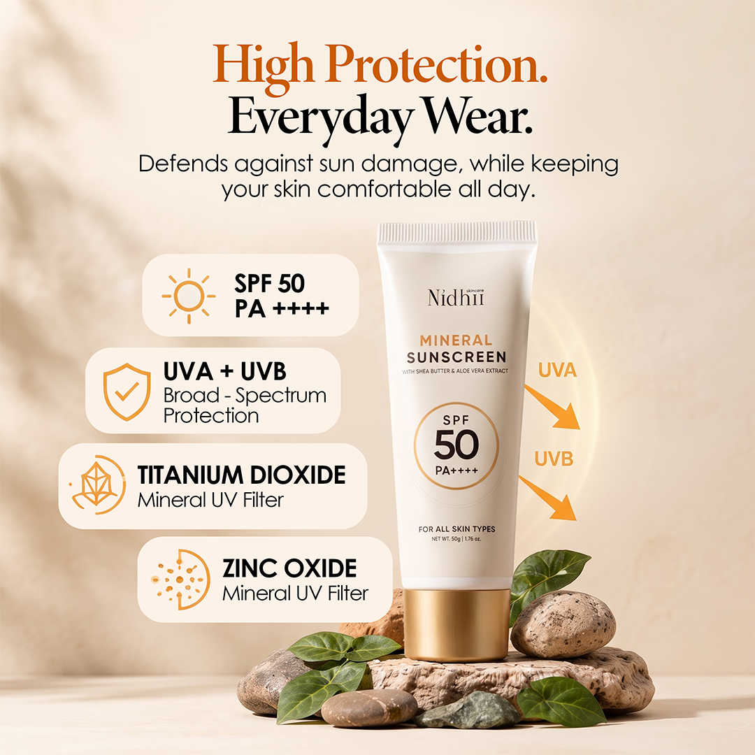 100% Mineral Sunscreen SPF 50 PA++++ | With Zinc Oxide, Titanium Dioxide & Aloe Vera (50ml)
