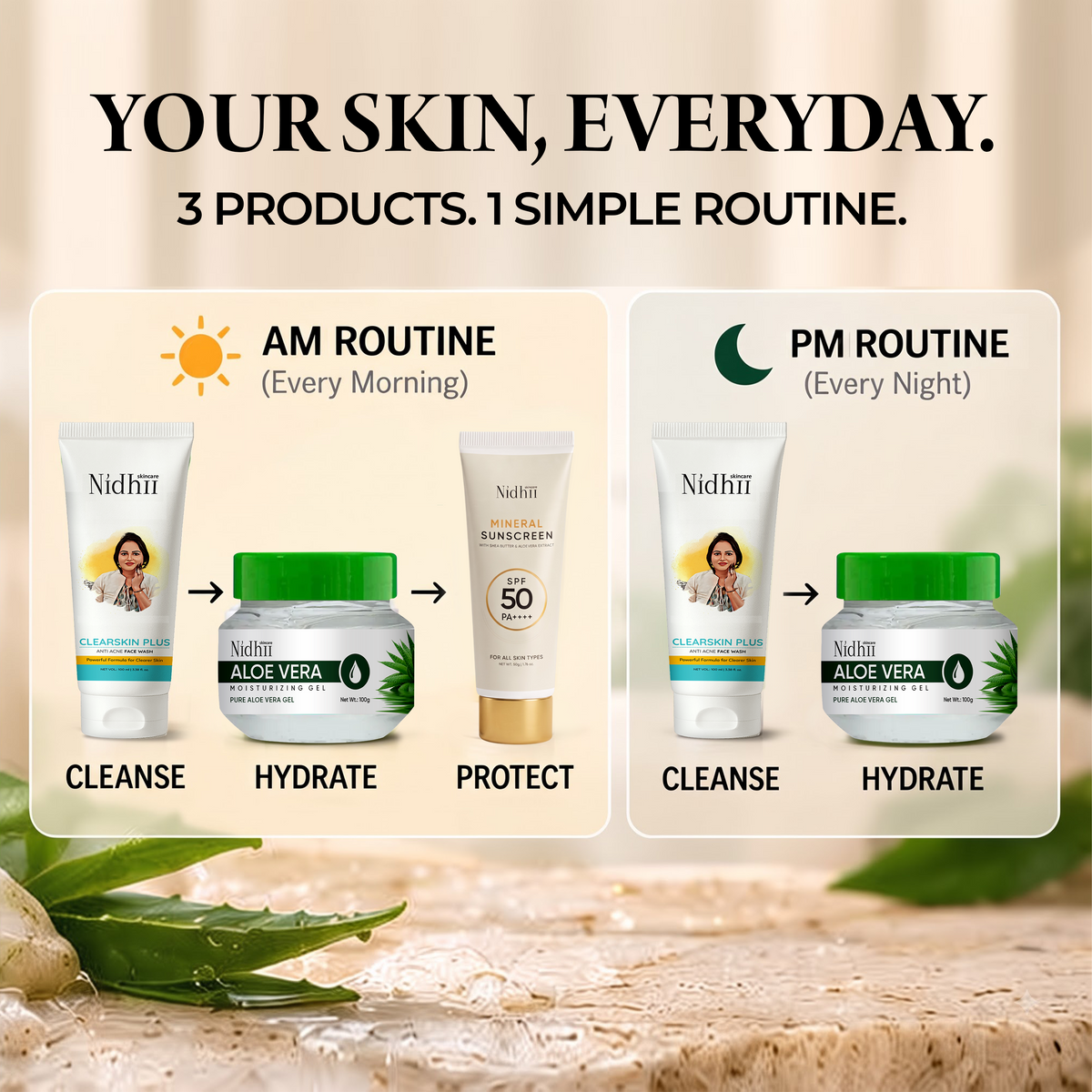 Anti-Acne Skincare Routine Bundle | Face Wash + Aloe Vera Gel + Mineral Sunscreen SPF 50PA++++ Sunscreen
