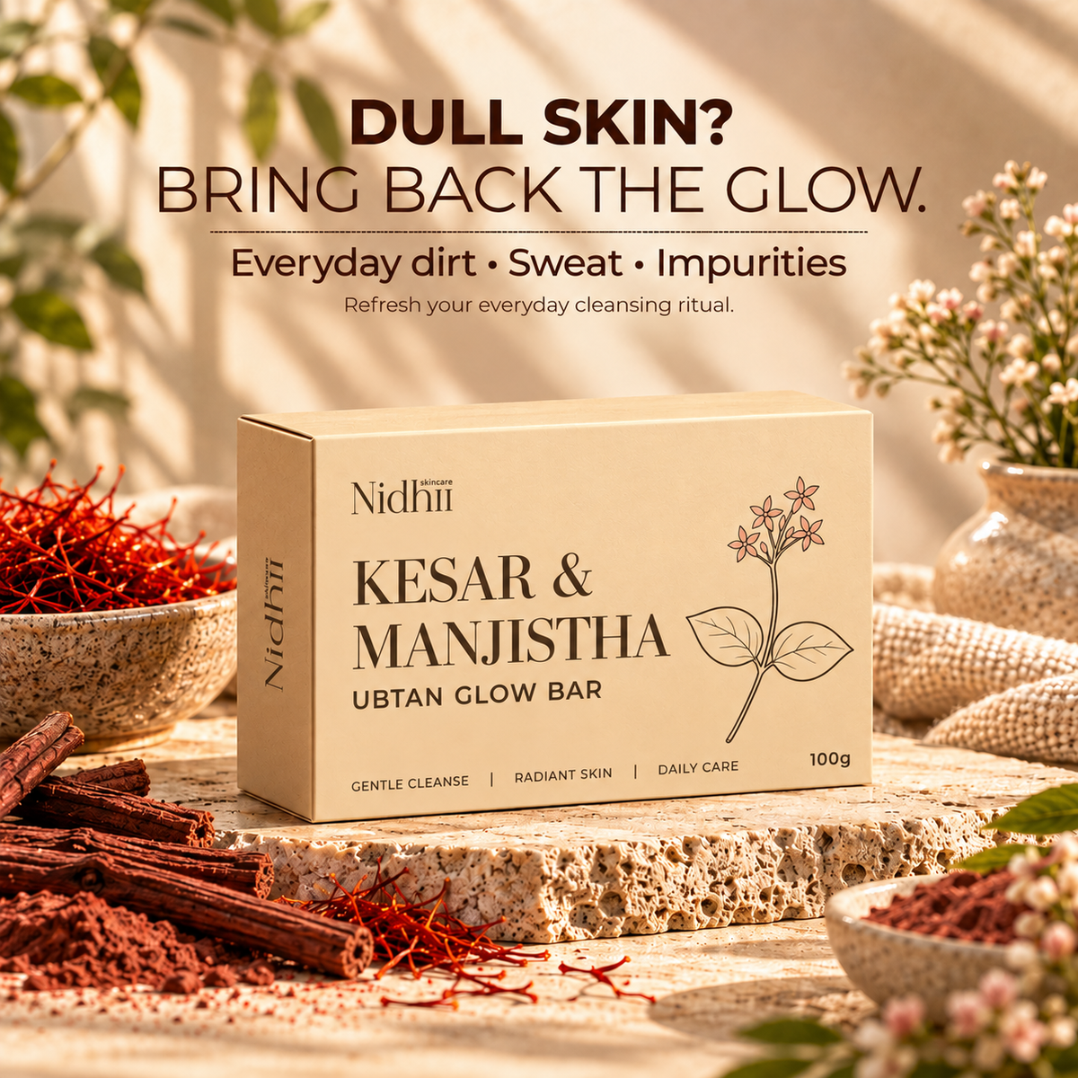 Kesar + Manjistha Daily Glow Bar | Everyday Cleansing for Fresh, Radiant-Looking Skin | 100g