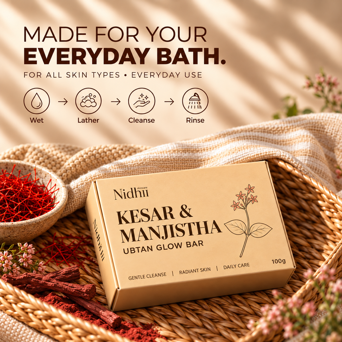 Kesar + Manjistha Daily Glow Bar | Everyday Cleansing for Fresh, Radiant-Looking Skin | 100g