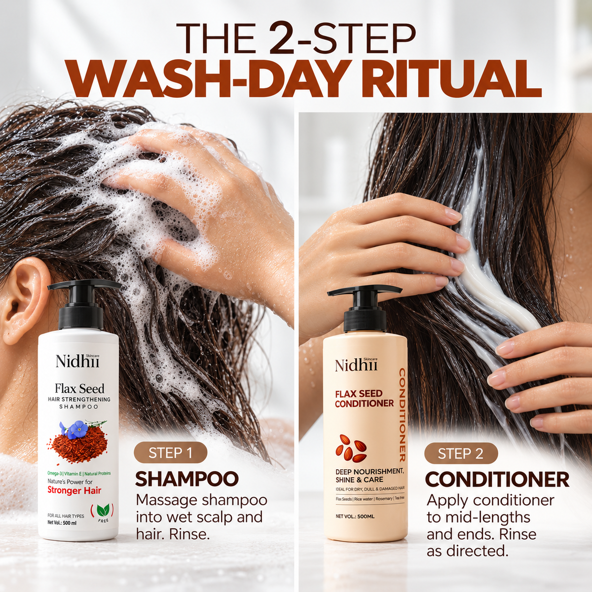 Flax Seed Hair Strengthening Shampoo 500ml + Conditioner 500ml Combo | Hair Fall Control & Damage Repair | For All Hair Types