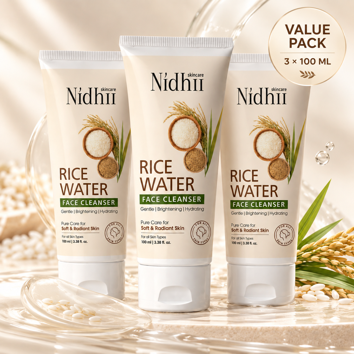 Rice Water Face Cleanser Pack of 3 for Brightening, Uneven Skin Tone & Hydration | 3 × 100ml