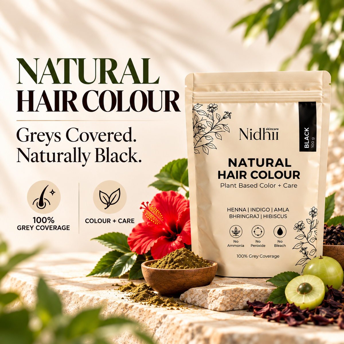 Natural Black Hair Colour for 100% Grey Coverage | Henna, Indigo, Amla, Bhringraj & Hibiscus | 100g