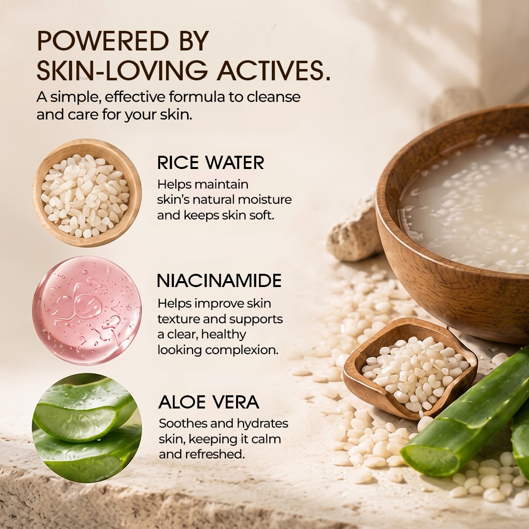 Rice Water Glass Skin Cleanser | With 1% Niacinamide & Vitamin E for Cucumber Extract - 100ml